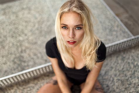 Women Blonde Face Blue Eyes Depth Of Field Portrait Pierced Nose Black