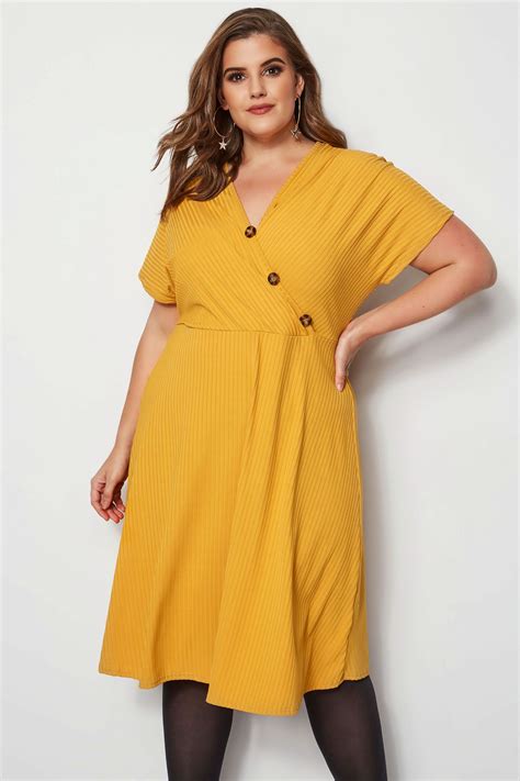 Mustard Ribbed Wrap Front Dress Plus Size 16 To 36 Wrap Front Dress Plus Size Workwear Clothes