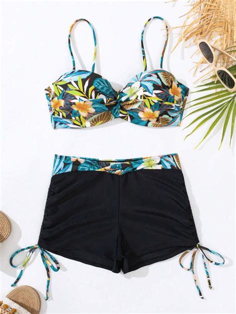 Shein Swim Bikini Set Aus Unterbrust Bh Mit Tropischem Muster Und Push