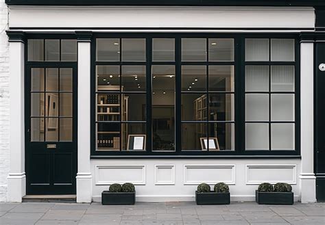 Front view of the facade of an elegant and modern minimal white shop ...