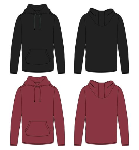 Long sleeve hoodie vector illustration black and Red color template front and back views ...