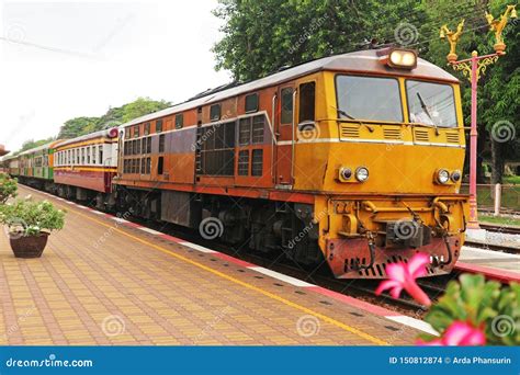 Yellow Old Diesel Locomotive Retro Train In Thailand And Asia Royalty Free Stock Image