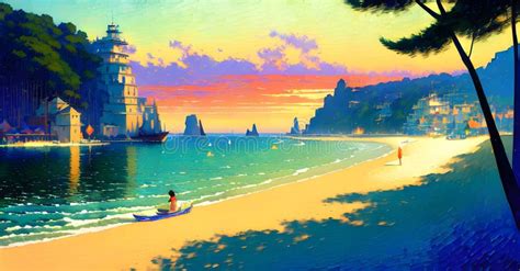 Landscape Beach Ocean Sunset, Childrens Book Illustration Generative AI Fantasy Digital Art ...