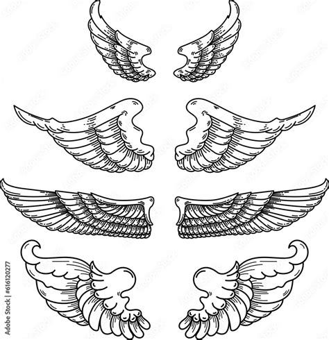 Vetor De Set Of Illustration Of A Pair Of Wings In Black And White Done In A Tattoo Style