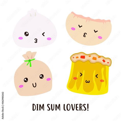 Cute Cartoon Dim Sum Traditional Chinese Dumplings With Funny Smiling