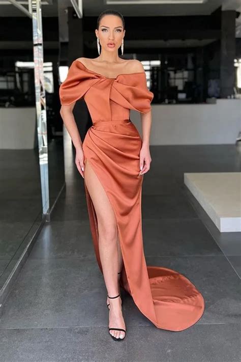 Amazing Burnt Orange Off The Shoulder Mermaid Evening Dress Slit Long