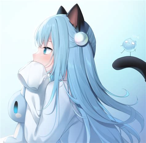 Cat Girl Blue Hair Blue Eyes Amashiro Natsuki Anime Girls Animal