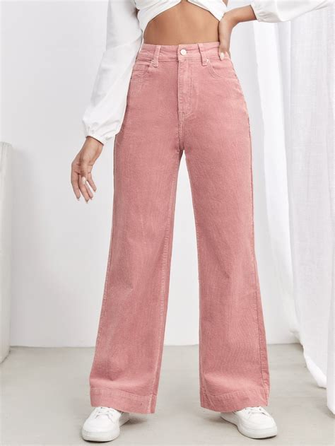 Pink Corduroy Plain Wide Leg Embellished Medium Stretch Women Bottoms