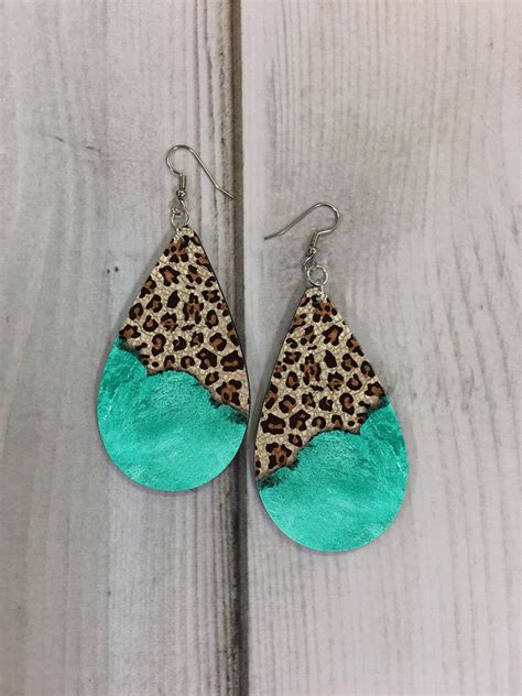 Digital File Leopard Print And Turquoise Foil Leather Look Drop Earring