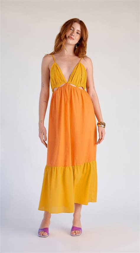 Vestido Zinco Midi Decote V Bicolor Laranja Zinco