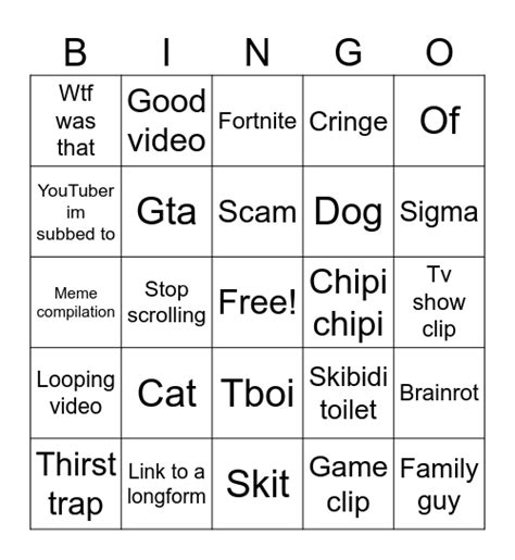 Yt Shorts Bingo Card