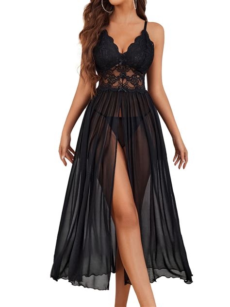 Avidlove Women Lingerie Lace Chemise Sexy Mesh Nightdress V Neck Nightwear Split Nightgown S XXL