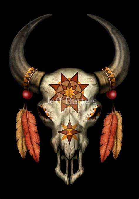 Decorated Native Bull Skull With Feathers Art Print By Jeff Bartels