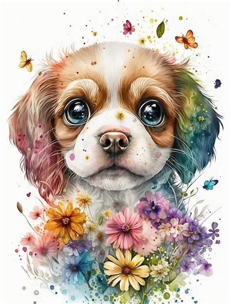 Premium AI Image | A watercolor painting of a puppy with flowers and ...