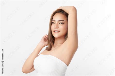 Beautiful Young Asian Woman Lifting Hands Up To Show Off Clean And