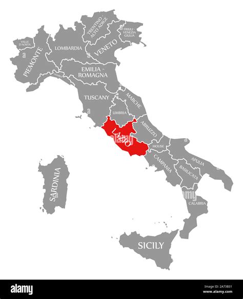 Lazio resaltada en rojo en el mapa de Italia Fotografía de stock Alamy