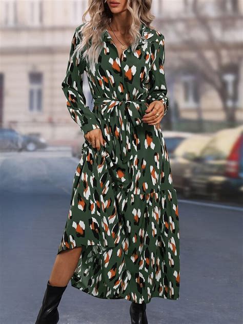 Shein Lune Allover Print Belted Shirt Dress Shein Usa