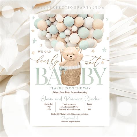 Editable Teddy Bear Hot Air Balloon Baby Shower Invitation Etsy