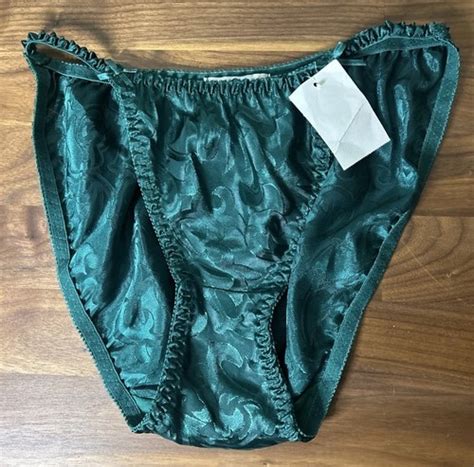 Vtg String Bikini PANTIES SATIN Second Skin Green Bow Sz M NWT Shiny Floral EBay