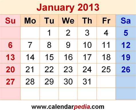 January 2013 Calendar | Templates for Word, Excel and PDF