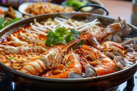 Photo Thai Food Noodles Spicy Boil With Seafood And Pork In Hot Pot Premium AI Generated Image
