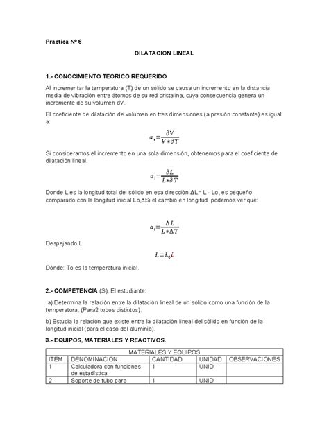 Dilatacion lineal Practica Nº 6 DILATACION LINEAL 1 CONOCIMIENTO