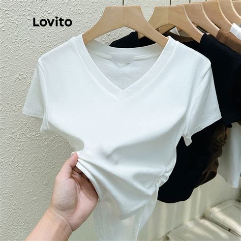 Lovito Casual Camiseta Feminina Lisa Franzida De Manga Curta Gola V