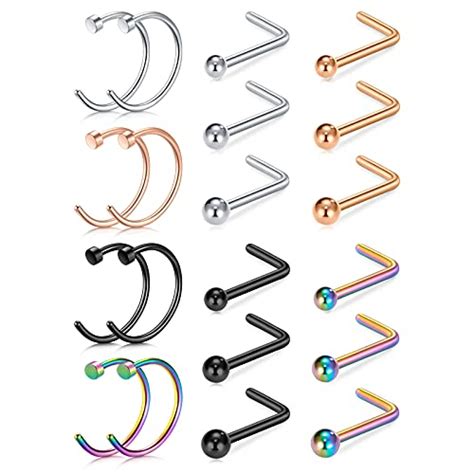 FECTAS 18g Nose Rings Stud Hoop L Shape Nose Studs Stainless Steel Nose