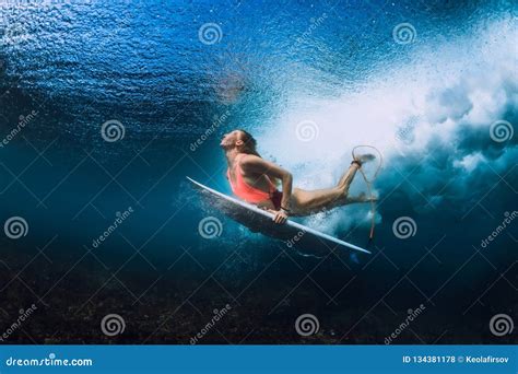 Surfer Woman With Surfboard Dive Underwater Stock Photo Image Of