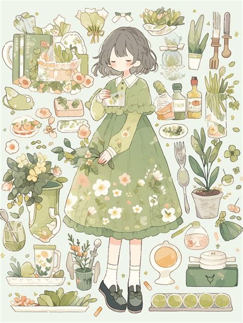 A Girl In A Green Dress Surrounded By Plants And Other Things That Are