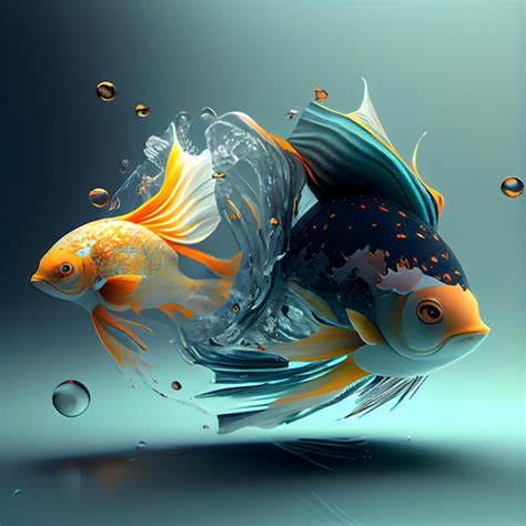 Ilustração 3D de um peixinho dourado fundo azul e amarelo Foto