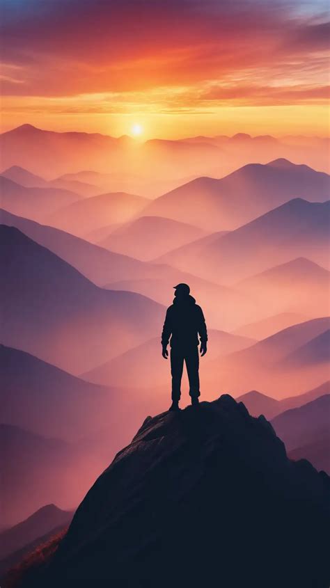 Triumphant Silhouette On Mountain Top Witnessing A Vibrant Sunrise