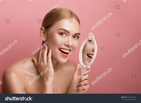 Portrait Groomed Naked Girl Looking Glass Stock Photo