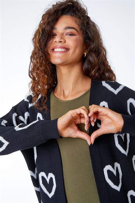 Heart Print Jacquard Longline Cardigan In Black Roman Originals Uk