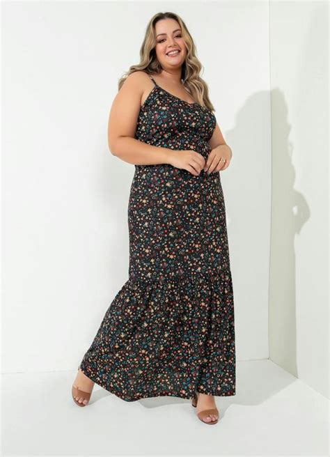 Vestido Floral Preto Com Franzidos Plus Size Marguerite