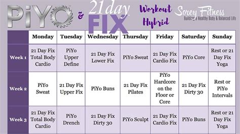 21 Day Fix Piyo Hybrid Workout Calendar