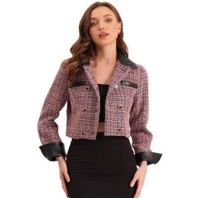 Allegra K Women S Tweed Plaid Contrast Collar Double Breasted Vintage