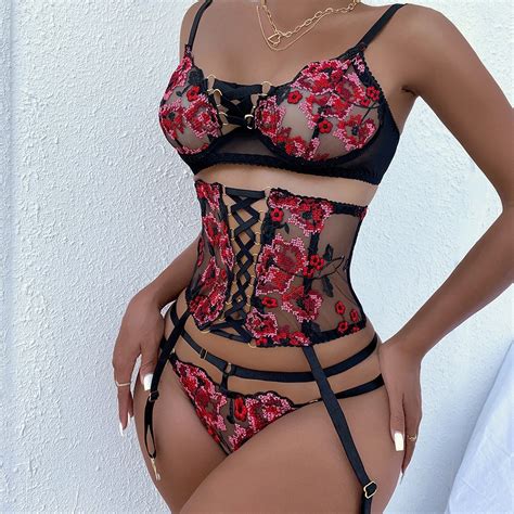 Erotic Mesh Underwear Suit Embroidery Lace Lingerie Sexy See Through