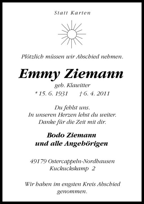 Traueranzeigen Von Emmy Ziemann Noz Trauerportal