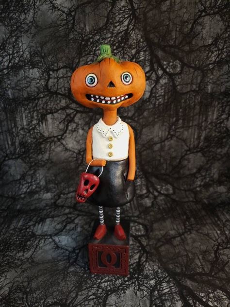 Halloween Folk Art Pumpkin Girl Figurine Vintage Inspired One Of A