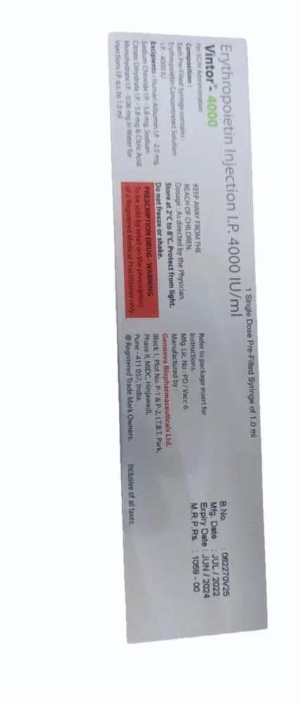 Vintor Erythropoietin Injection Ip Iu Prescription At Rs Box