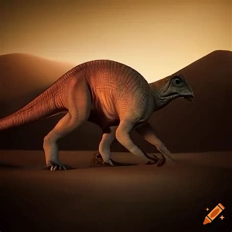 Realistic Depiction Of A Dinosaur And Its Offspring In The Desert