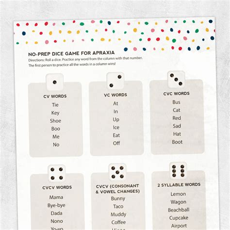 No Prep Dice Game For Apraxia Printable Handouts For Speech Riset