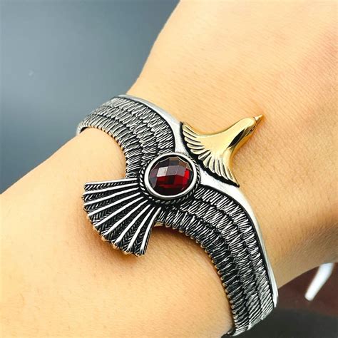 925k Sterling Silver Eagle Bracelet, Cuff Men Bracelet, Red Ruby Stone Silver Bracelet ...