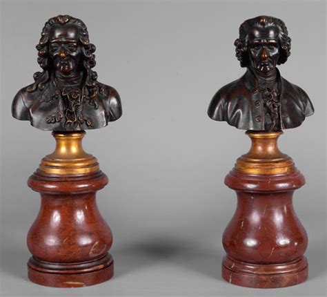 Pair Of Voltaire And Rousseau Busts In Patinated Bronze And Marble