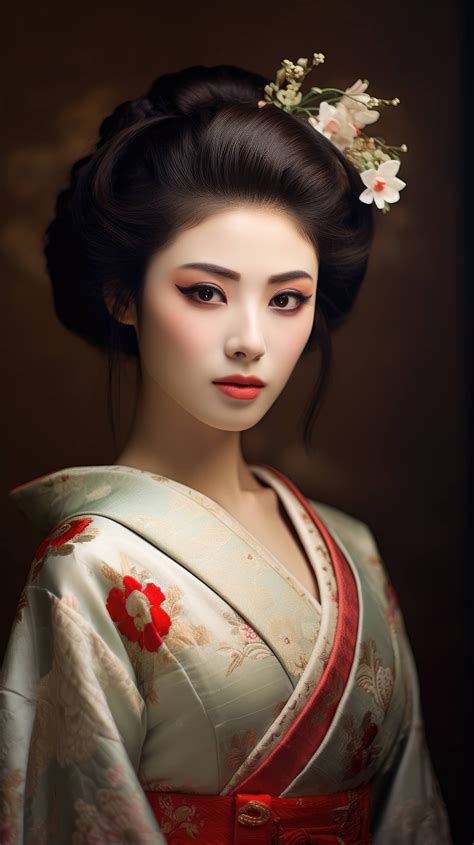 Elegant Japanese Geisha In Traditional Makeup And Kimono Portrait