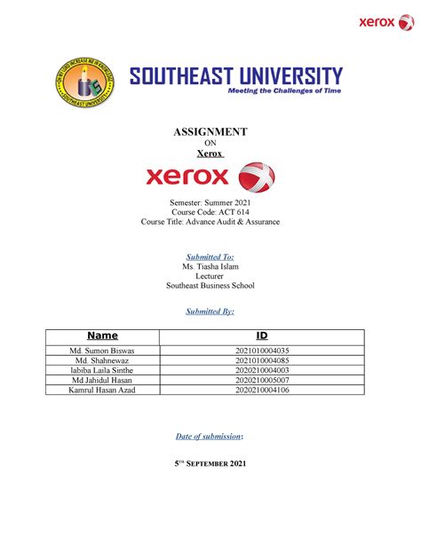 Audit - Project of accounting. - ASSIGNMENT ON Xerox Semester: Summer