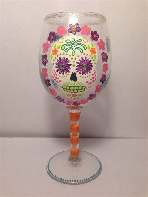 Sugar Skull Hand Painted Wine Glass Etsy Hand Painted Wine Glass Wine Glass Candle Holder