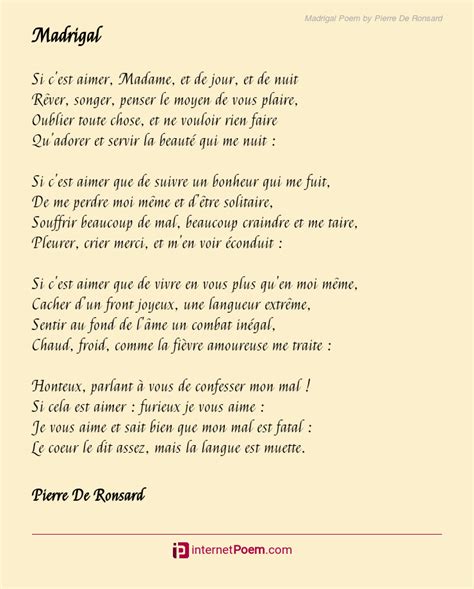 Madrigal Poem By Pierre De Ronsard