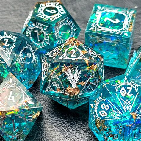 Aquatic Treasures Dragon Dice Set Dnd Polyhedral Sharp Edge Resin Dragon Dice Etsy